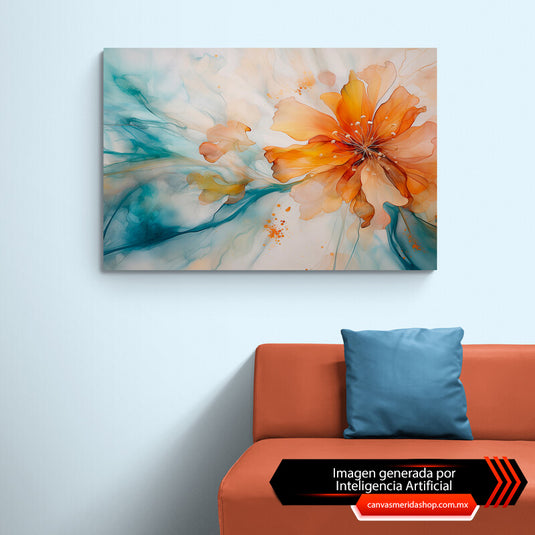 Flor naranja vibrante sobre fondo blanco con toques de aqua y naranja