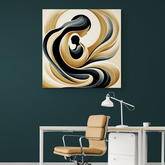 Arte digital abstracto que representa la maternidad con figuras estilizadas y tonos suaves