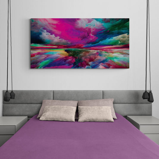 Cuadro abstracto de colores vibrantes con horizonte cósmico