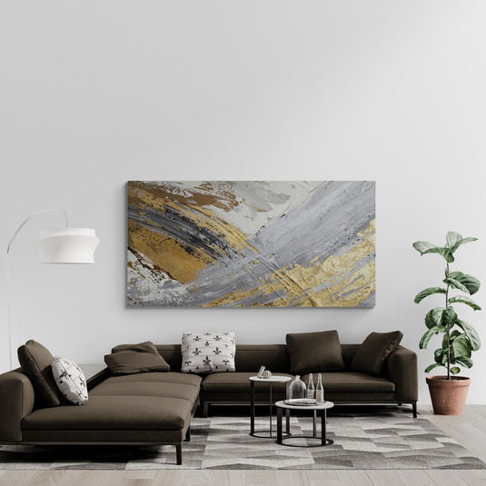 Pintura abstracta con texturas terrosas y líneas doradas.