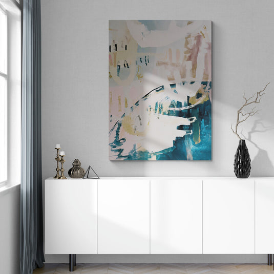 Pintura abstracta en tonos turquesa y beige