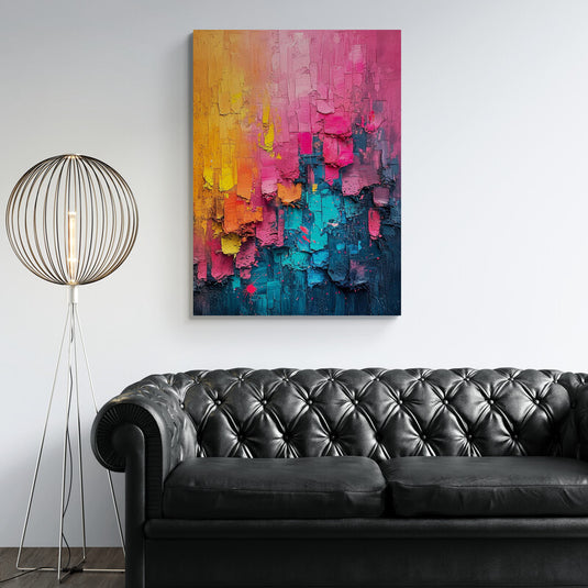 Cuadro abstracto texturizado en amarillo, rosa y azul