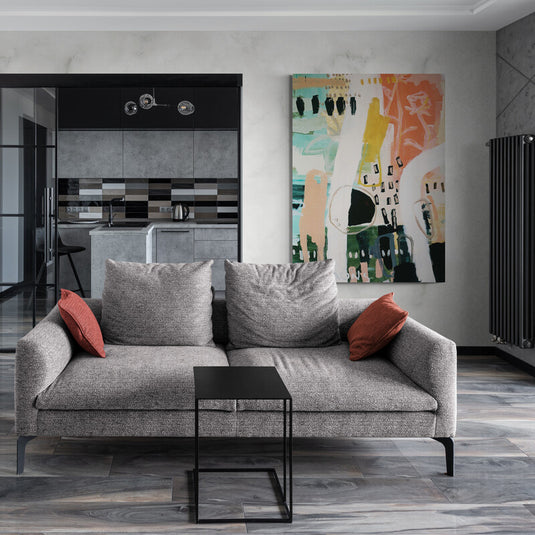 Pintura abstracta con formas geométricas en tonos pastel