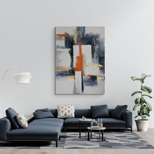Pintura abstracta en naranja, gris y blanco con formas geométricas