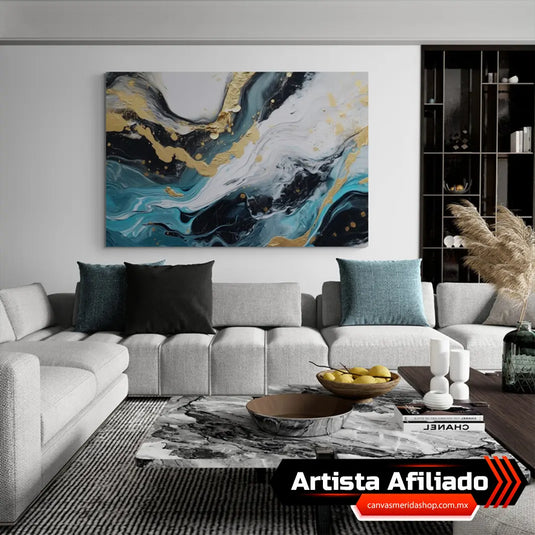 Cuadro abstracto en turquesa, negro y dorado en sala moderna