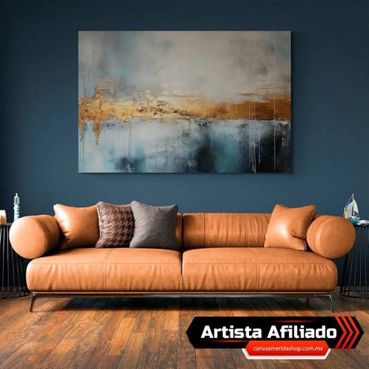 Cuadro Decorativo Abstracto: Armonía de Grises, Azules y Acentos Dorados en Composición Elegante