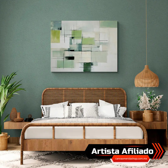 Cuadro Abstracto Decorativo: Formas Horizontales y Cuadradas en Tonos Verdes y Grises con Líneas Negras sobre Fondo Claro