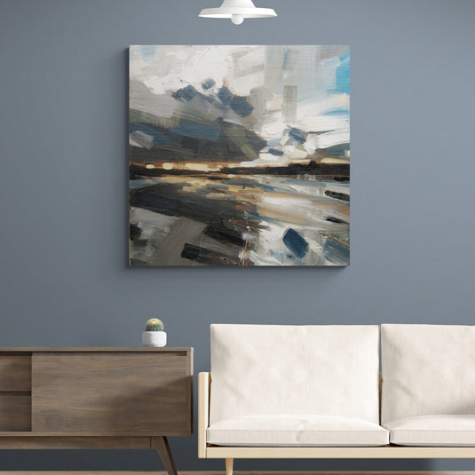 Cuadro decorativo abstracto vibrante con audaz mezcla de negro, amarillo, azul, café y gris, reflejando la dualidad del caos y orden en arte contemporáneo