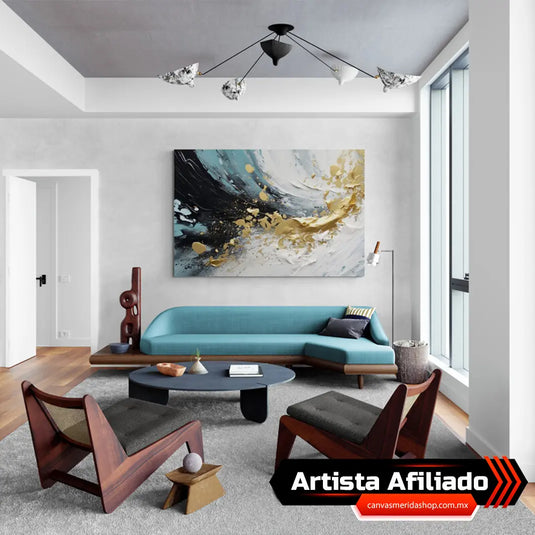 Cuadro abstracto en oro y turquesa sobre sofá moderno
