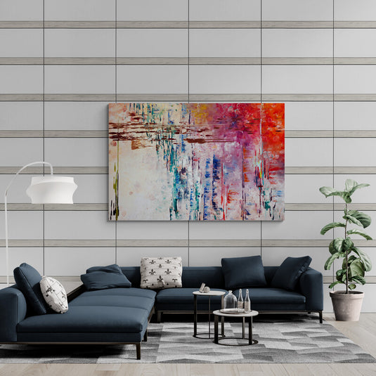 Cuadro abstracto en tonos rojos y azules con líneas texturizadas