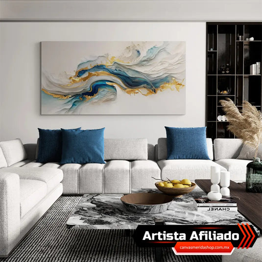 Pintura abstracta con tonos azules y detalles dorados