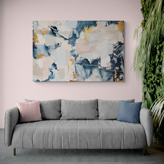 Cuadro Decorativo Abstracto con Tonalidades de Azul, Blanco, Gris, Ocre y Rosa Palo