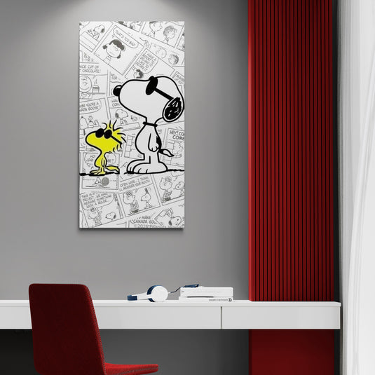 Cuadro decorativo Snoopy y Woodstock con fondo de cómic en blanco y negro estilo moderno