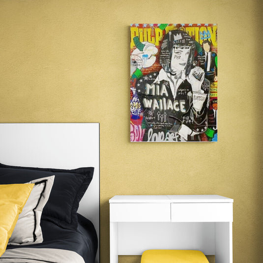 Cuadro decorativo estilo pop art urbano con retrato femenino moderno y graffiti colorido vibrante