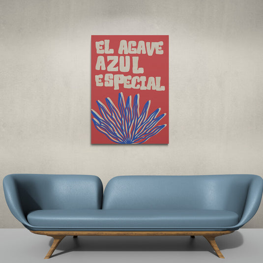 Cuadro decorativo con fondo rojo, frase 'El agave azul especial' en color crema y silueta de agave azul inferior