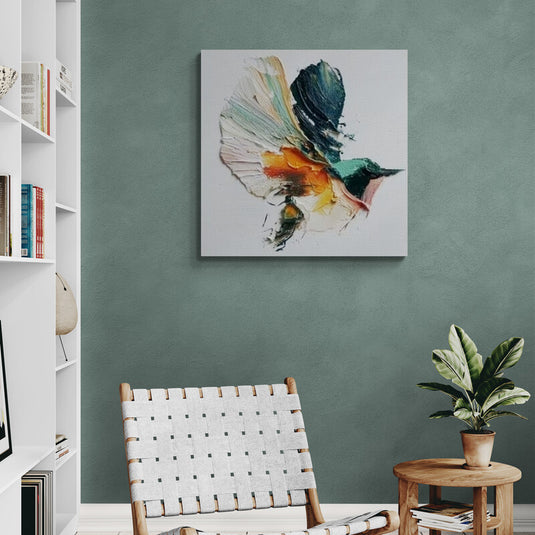 Cuadro decorativo de colibrí abstracto con pinceladas artísticas en tonos vibrantes estilo moderno contemporáneo