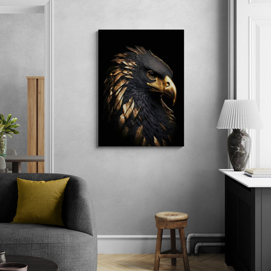 Cuadro decorativo de águila imperial – Retrato de ave en tonos dorados y fondo negro, ideal para oficinas elegantes y espacios con fuerza visual.