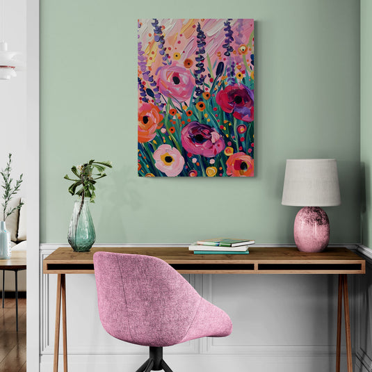 Pintura abstracta de flores en colores vibrantes con fondo expresivo