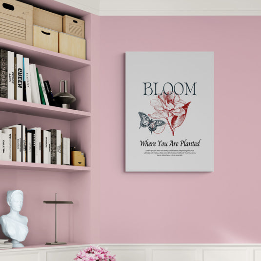 Lienzo inspirador con frase "Bloom Where You Are Planted" y diseño floral vintage