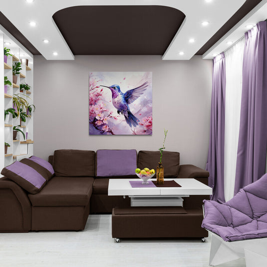 Colibrí Azul Púrpura en Rama de Sakura en Flor