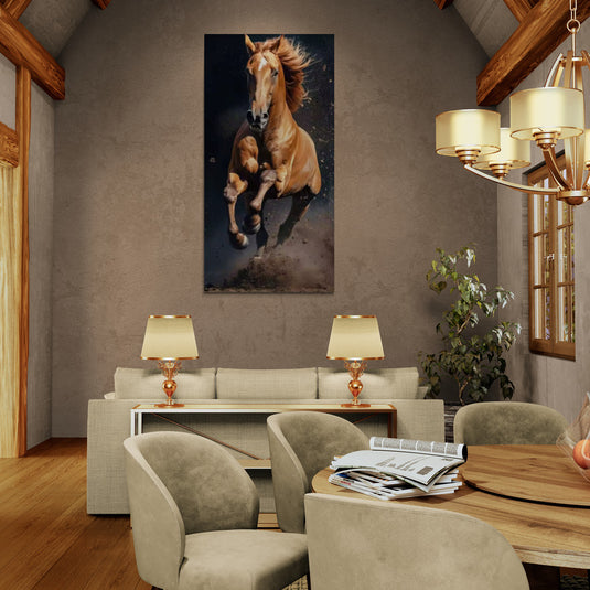 Cuadro de caballo marrón, estilo realista y dinámico.