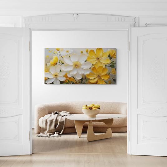 Cuadro con flores blancas y amarillas estilizadas sobre fondo neutro, diseño digital.