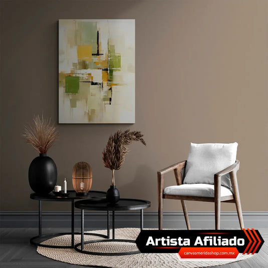 Cuadro decorativo abstracto con fondo beige, tonos verdes y amarillos, y líneas negras destacadas.