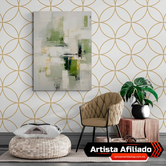 Cuadro decorativo abstracto con fondo gris claro, tonalidades de verdes, destellos amarillos y toques de negro.