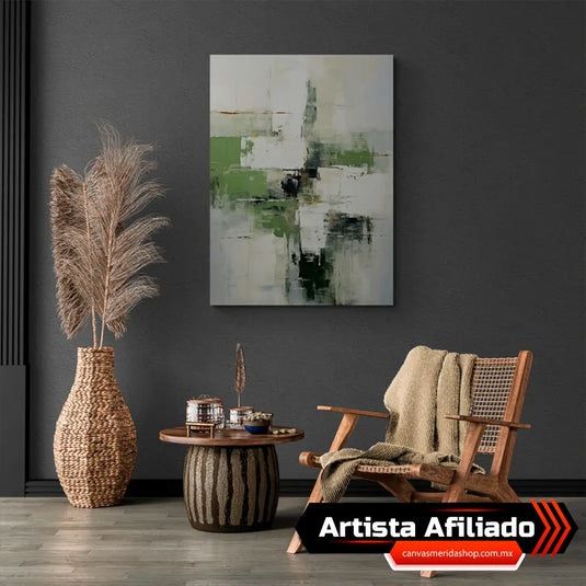 Cuadro decorativo abstracto con fondo gris claro, combinación de verdes, blancos y detalles en negro.