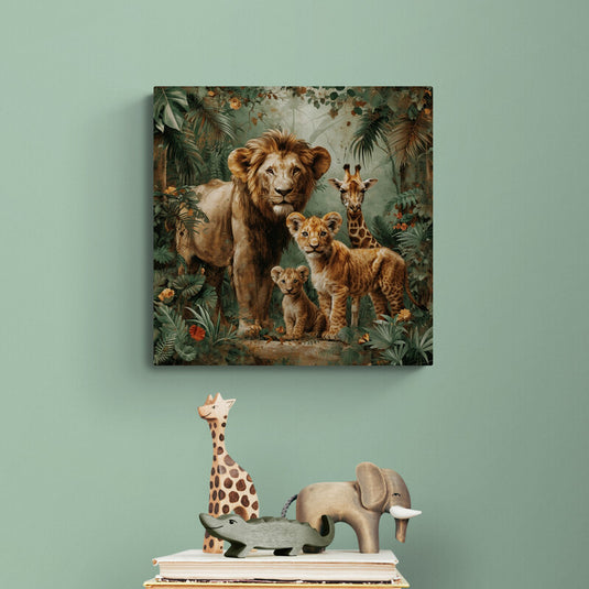 Cuadro de familia de leones y jirafa en la selva