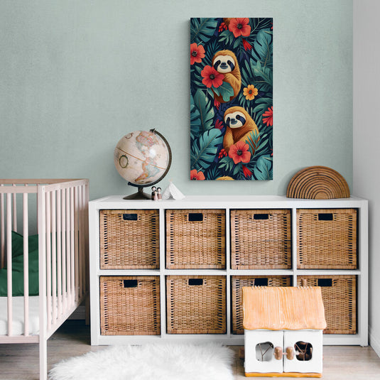 "Cuadro de perezosos entre flores tropicales"