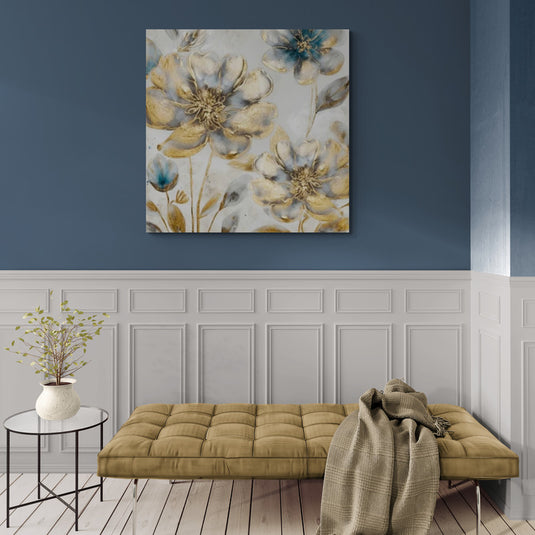 Cuadro con flores abstractas en tonos dorados, estilo contemporáneo.
