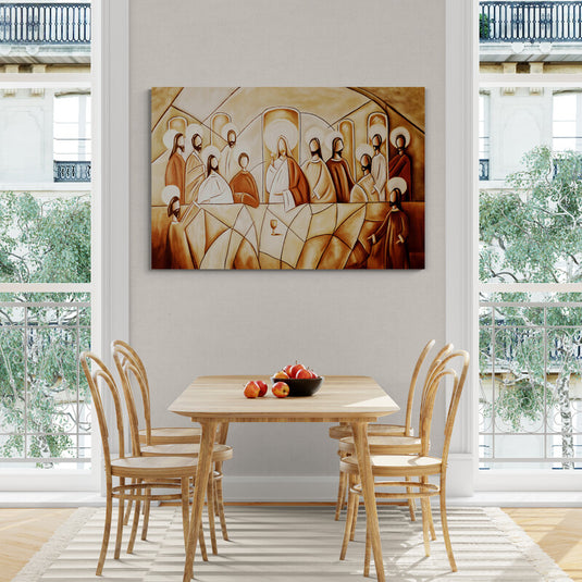 Representación abstracta de La Última Cena en tonos cálidos.