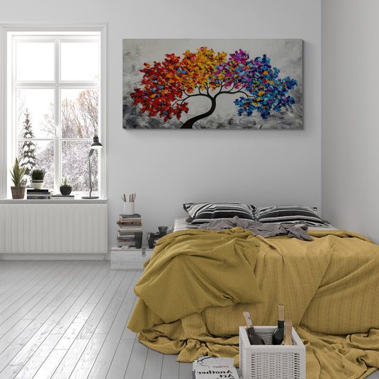 Cuadro_decorativo_árbol_vibrante_hojas_multicolor_rojo_amarillo_naranja_fucsia_rosa_azul_fondo_gris