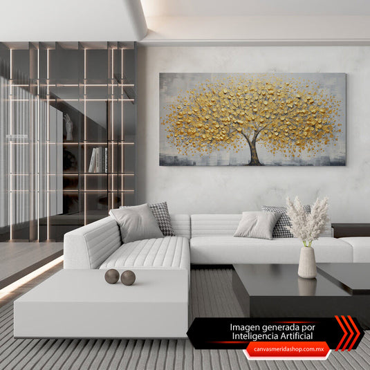Cuadro Decorativo: Árbol de Tronco Marrón y Hojas Amarillas Vibrantes sobre Fondo Gris Neutro