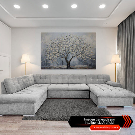 Cuadro Decorativo Paisajístico: Árbol de Tronco Gris y Ramas Alargadas en Fondo de Azul Bajo y Gris
