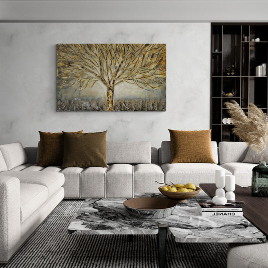 "Cuadro_decorativo_árbol_grande_ramas_amarillo_dorado_fondo_crema_toques_turquesa