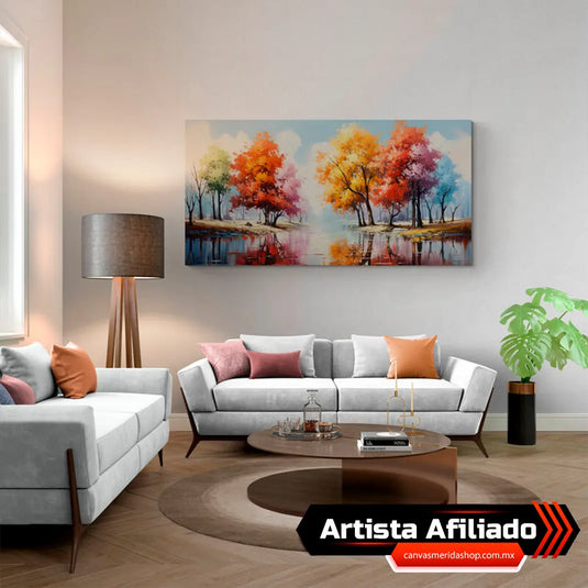 Cuadro Decorativo: Paisaje Vibrante con Árboles Multicolores y Río Serpenteante entre la Flora Variada