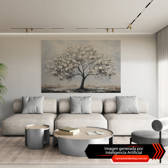 Cuadro Decorativo Minimalista: Árbol Delgado con Hojas Blanco y Gris sobre Fondo Gris y Suelo Negro