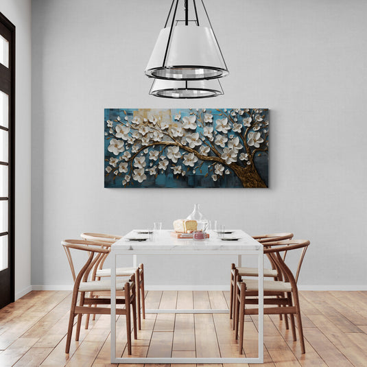 Árbol dorado con flores blancas en 3D sobre fondo azul texturizado