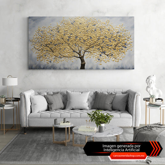 Cuadro Decorativo: Árbol Frondoso de Tronco Café y Hojas Amarillas sobre Fondo Gris Tranquilo