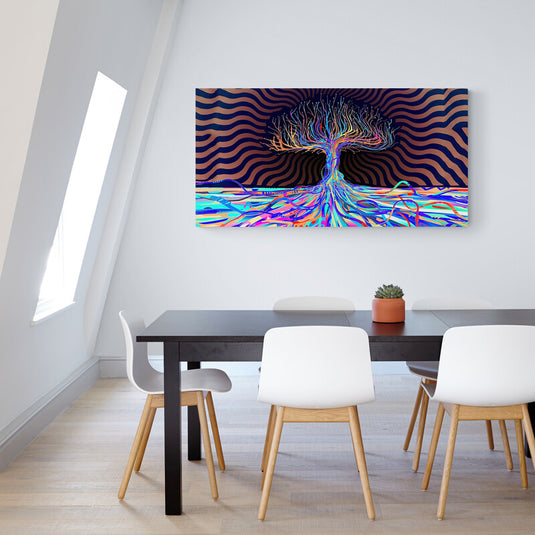 Cuadro_decorativo_árbol_majestuoso_estilo_psicodélico_colores_morado_azul_fucsia_naranja_rojo