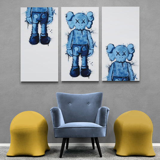 Cuadro decorativo estilo KAWS en azul con técnica expresionista – arte urbano moderno con figura melancólica para interiores contemporáneos