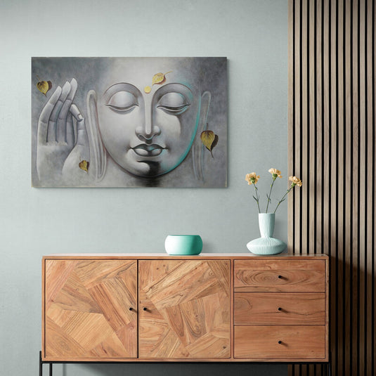 Rostro minimalista de Buda con hojas de Bodhi y gesto de calma.