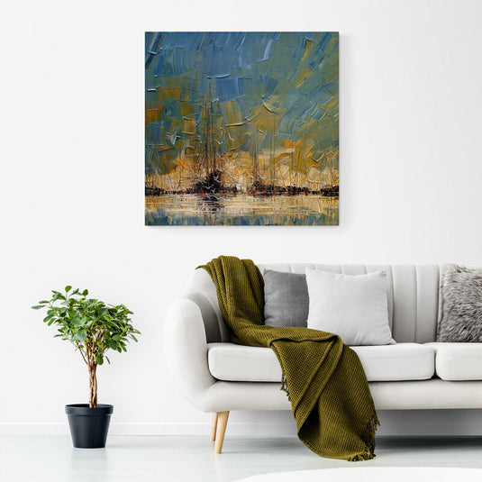 Pintura al óleo texturizada de un puerto al atardecer con barcos veleros