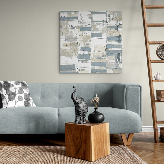 Cuadro Decorativo Abstracto con Brochazos de Azul y Grises en Fondo Blanco'