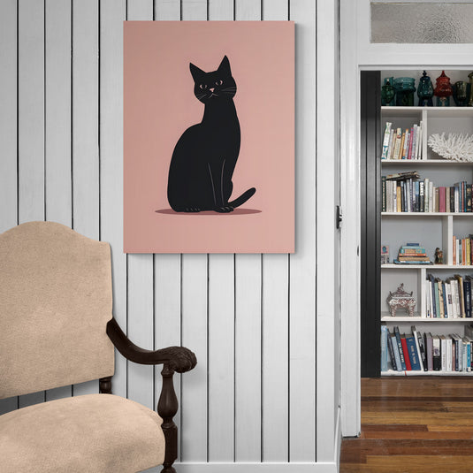 Arte minimalista de gato negro sobre fondo rosa