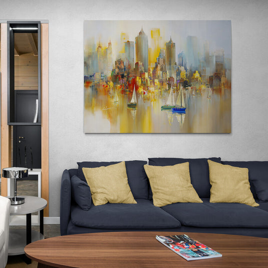 Pintura abstracta de ciudad costera con rascacielos y veleros