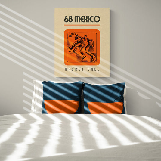 Cuadro decorativo con fondo amarillo arena, frase '68 México' en la parte superior, recuadro naranja con siluetas de jugadores de básquetbol y palabra 'Basket Ball' inferior