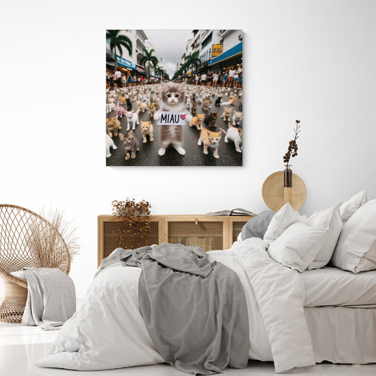 Gatitos en la ciudad con cartel de "MIAU"